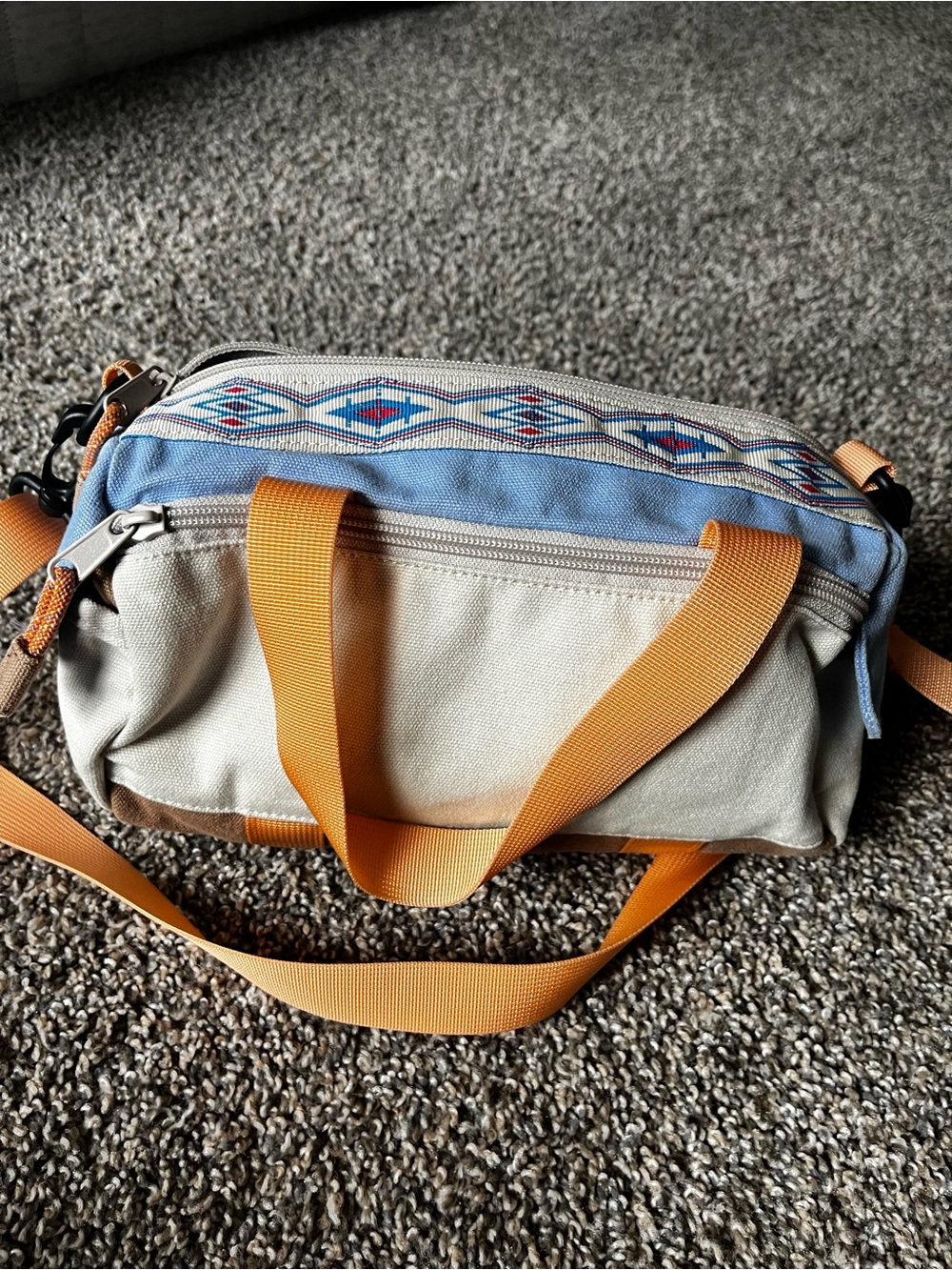 KAVU Light Blue and Tan Canvas mini Duffel Bag with Orange Straps - Picture 3 of 4